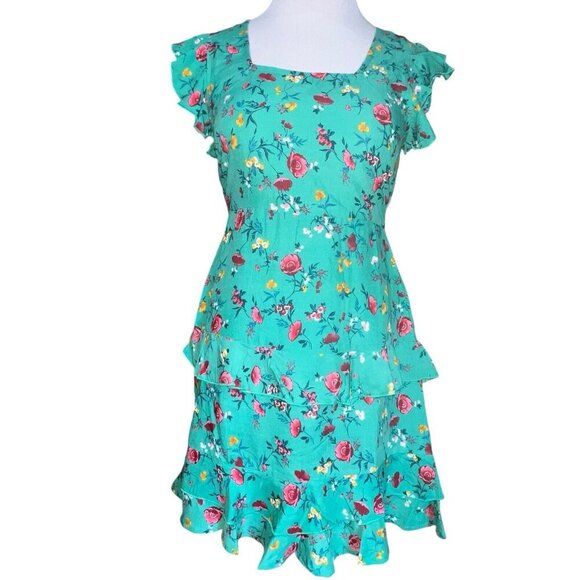 BOG COLLECTIVE LOTTIE & HOLLY GREEN PINK‎ FLORAL MINI DRESS SIZE XS TIERED NEW - Picture 1 of 9